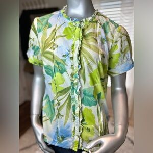 Caribbean Joe Tropical Floral Button Front Blouse Size M Green Blue